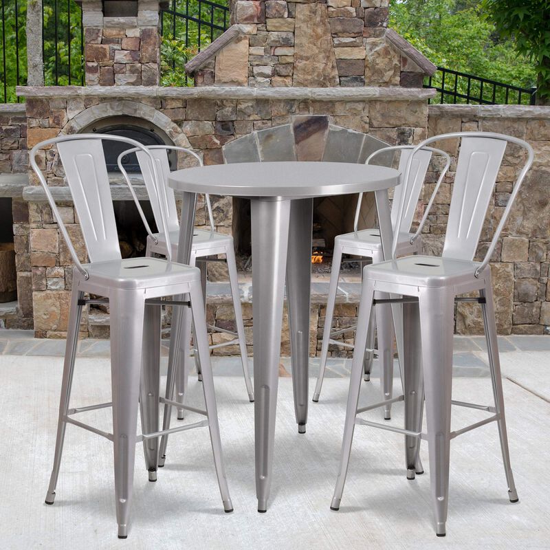Flash Furniture Callum Commercial Grade 30" Round Silver Metal Indoor-Outdoor Bar Table Set with 4 Cafe Stools