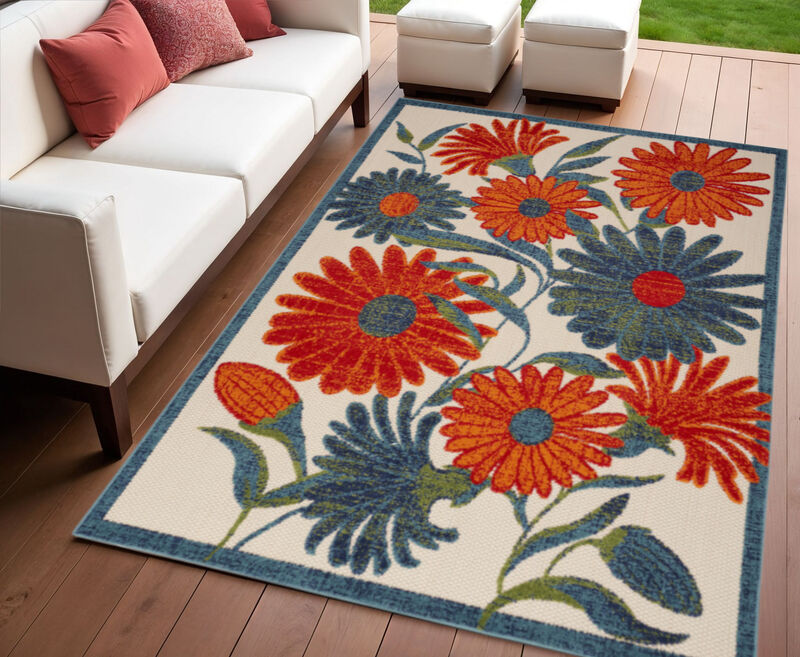 HomeRoots 4' X 6' Ivory Blue Orange And Green Floral Indoor Outdoor Area Rug image number 1