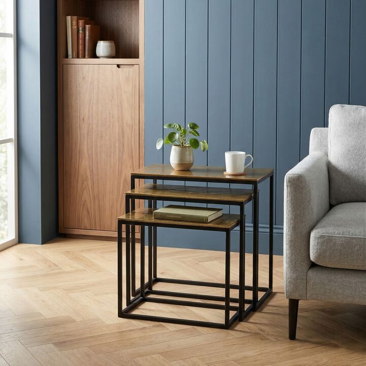 Luxury Nesting Tables Set with Brass Tops & Matte Black Frames