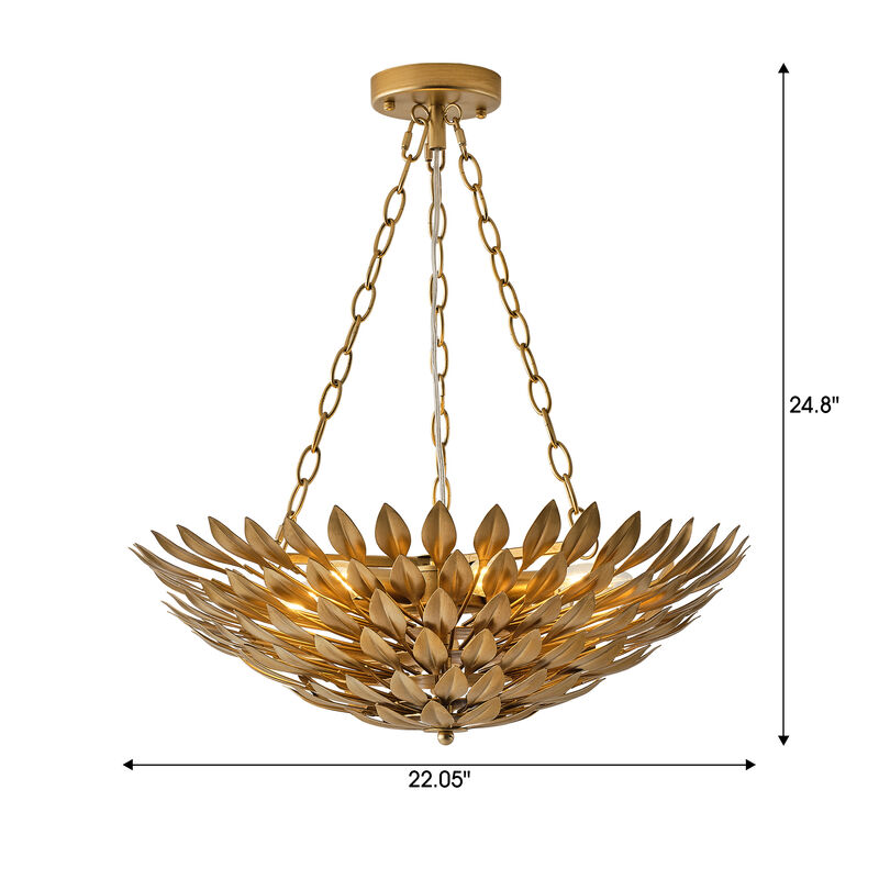 22" 6-Light Gold Modern Leaf Chandelier for Bedroom, Living Room, Entryway