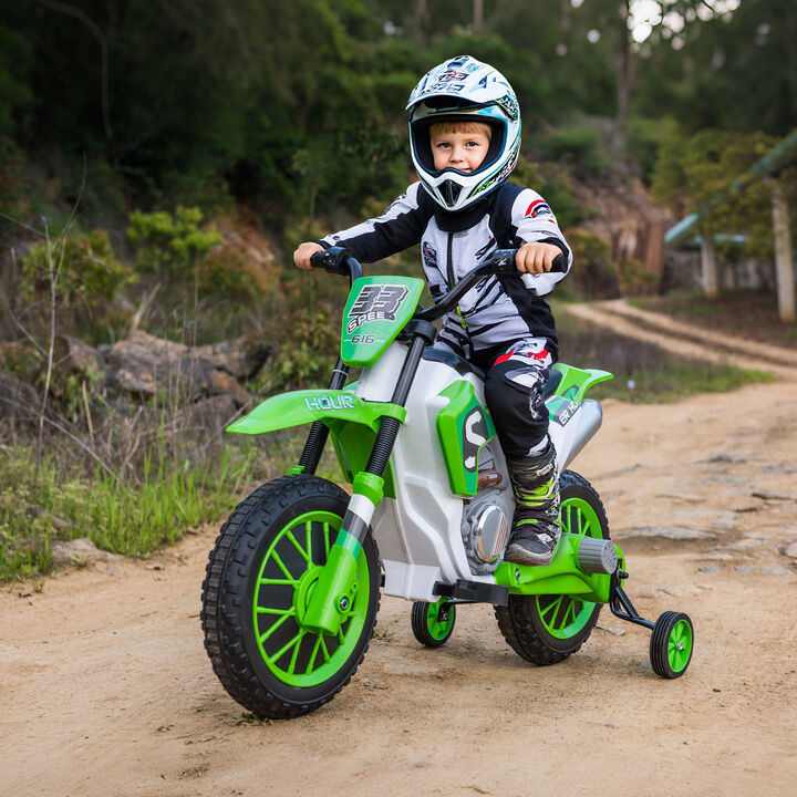 BreeBe 12V Kids Motorcycle w/ Treaded Tires, 5mph Top Speed Electric Bike for Kids, Ride On Motorcycle w/ Training Wheels, Battery Charger, Spring Suspension