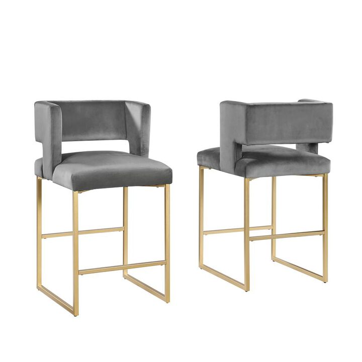 Lynx Gray Velvet Bar Stools in Gold (Set of 2)