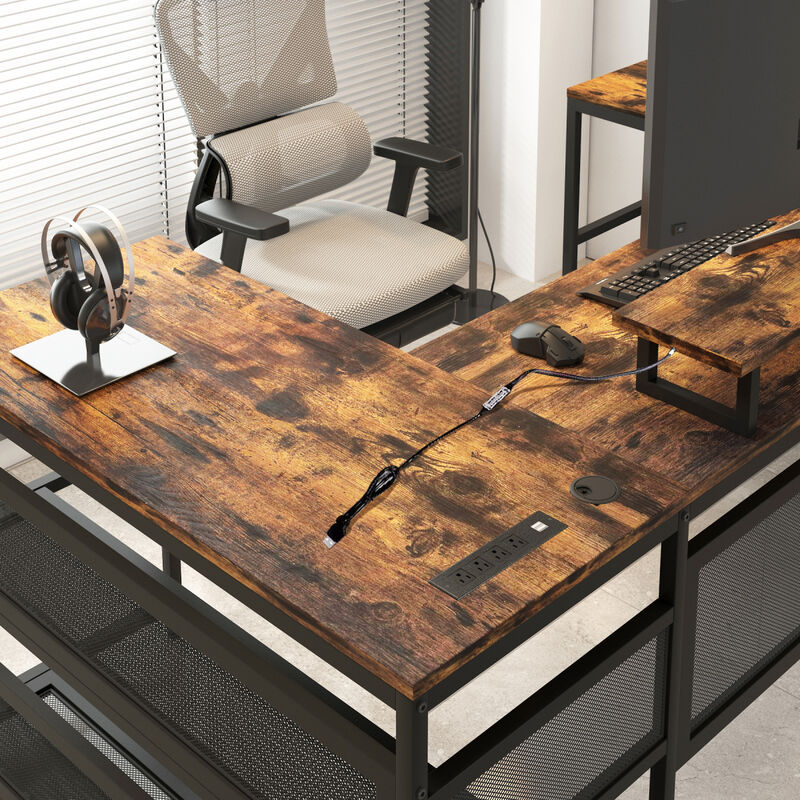 Streamdale U-Shaped Desk with Power Outlet LED Strip and Monitor Stand Vintage image number 7