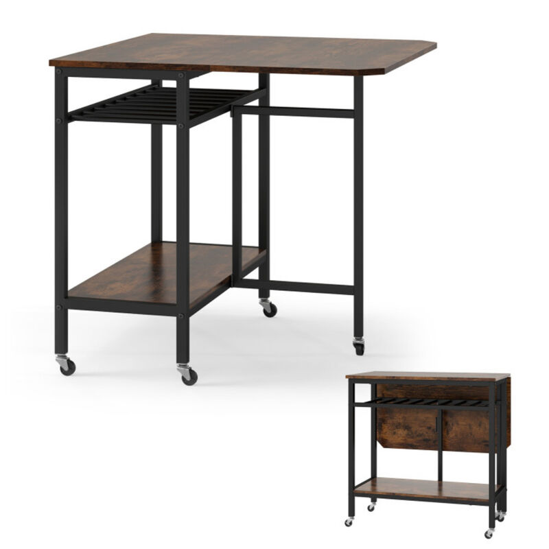 Expandable Folding Dining Table with Laptop Tray, Wine Rack, and Casters-Rustic Brown image number 0