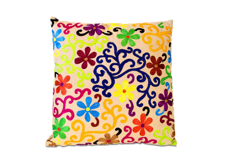 HomeRoots Set of Two 20" Natural Blue And Yellow Floral Cotton Throw Pillows with Embroidery image number 2