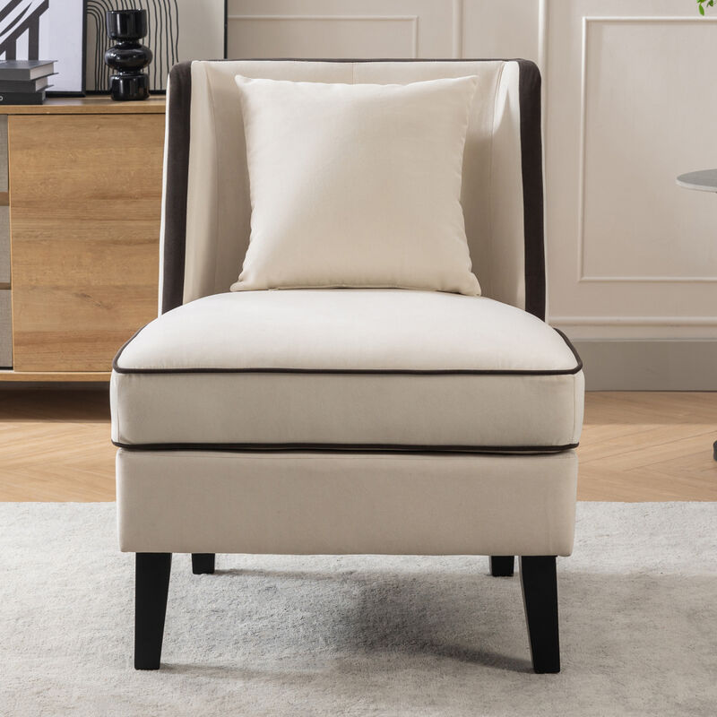 Velvet Upholstered Accent Chair with Cream Piping, Cream and Black