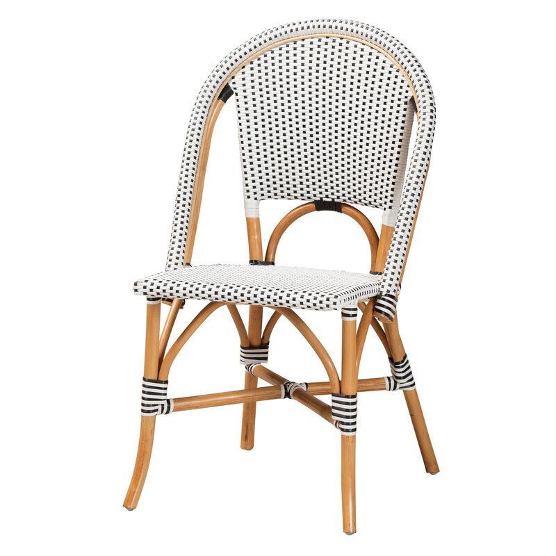 Baxton Studio Genica Classic French Black and White Weaving and Natural Brown Rattan Indoor and Outdoor Bistro Chair
