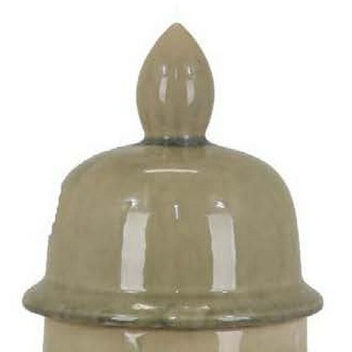 Pril 17 Inch Temple Jar with Clean Lines, Ceramic, Brown, Green Finish - Benzara
