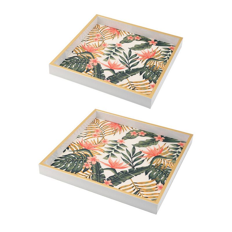 Set of 2 Decorative Trays, Crisp White MDF, Floral Printed PVC, Pink, Green - Benzara