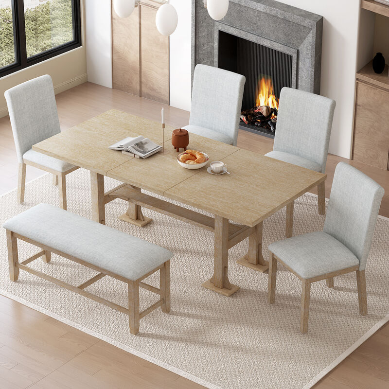 Merax Expandable Dining Table Set with 4 Cushioned Chairs & Sturdy Bench, Solid Wood Construction image number 1