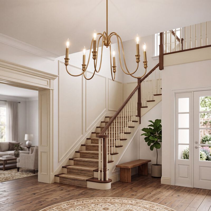 Gold Six-Light Candle Chandelier with U-Shaped Arms, Adjustable image number 3