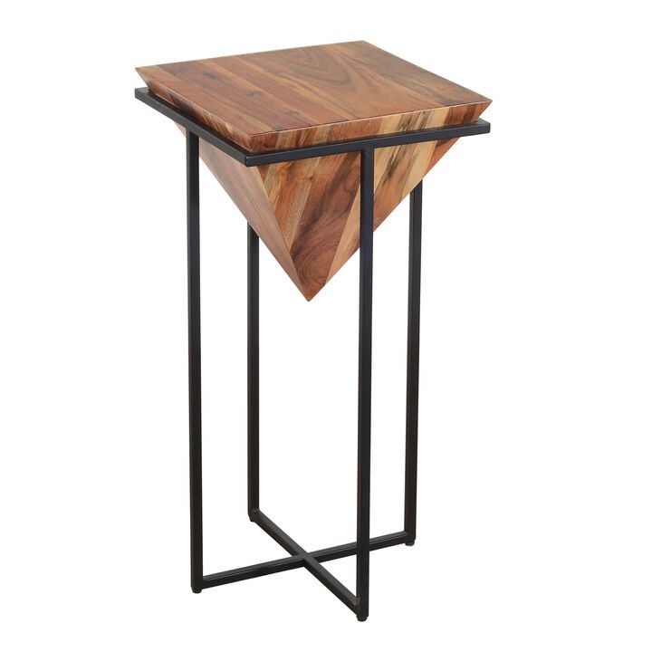 30 Inch Pyramid Shape Wooden Side Table With Cross Metal Base, Brown and Black-Benzara