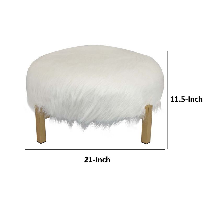 Accent Ottoman, Fur-Like Texture, 21 Inch White Fabric Upholstery - Benzara