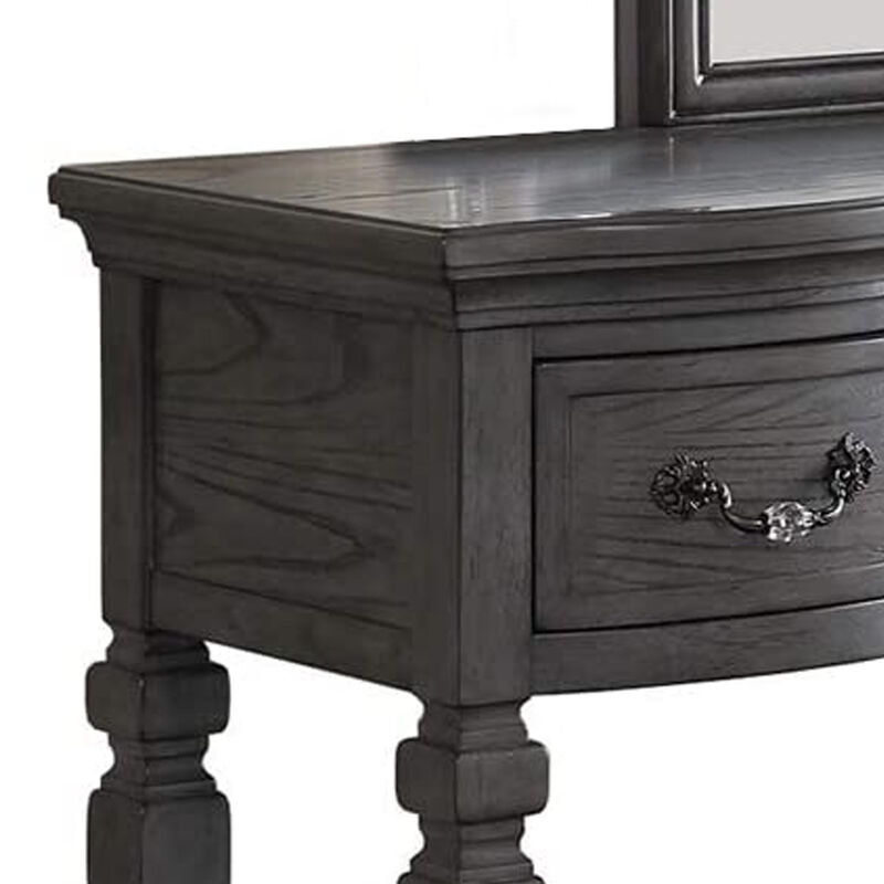 3 Piece Vanity Set with Carved Mirror and Turned Legs, Gray-Benzara