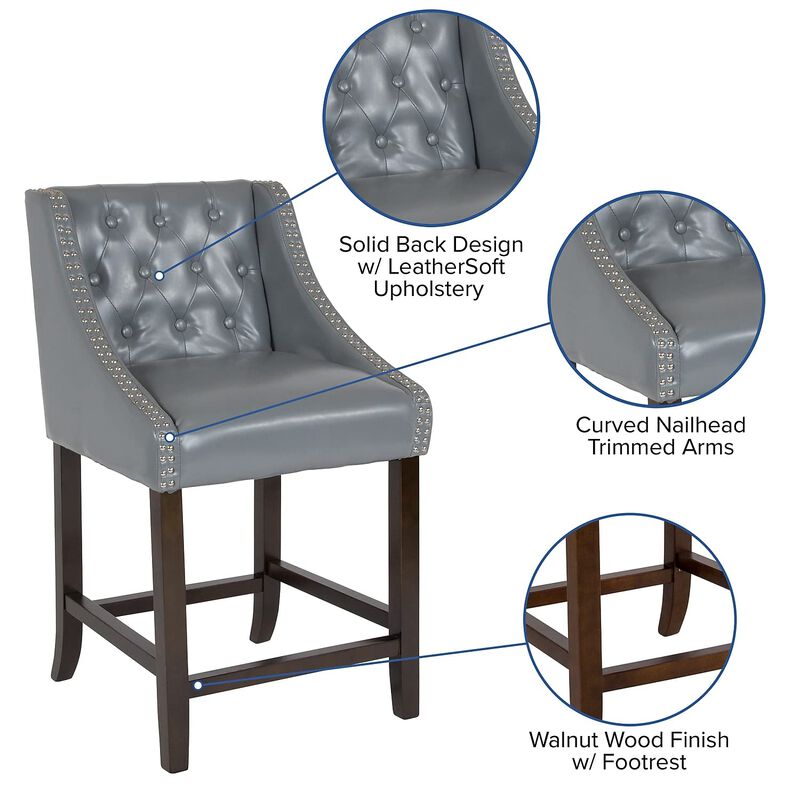 Flash Furniture Carmel Series 24" High Transitional Tufted Walnut Counter Height Stool with Accent Nail Trim in Light Gray LeatherSoft