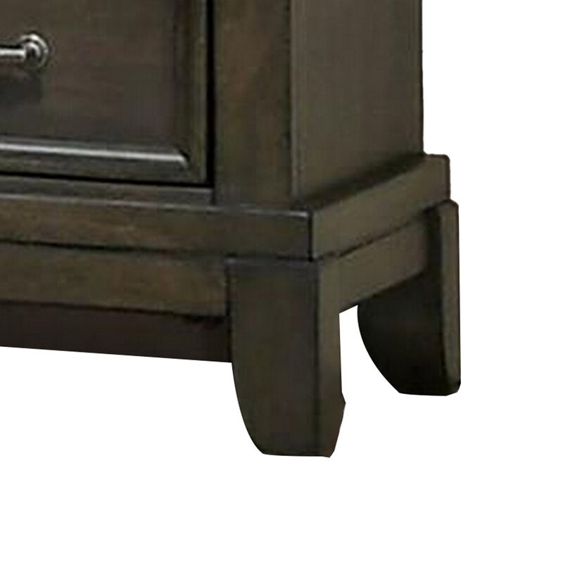 Ston 26 Inch Nightstand, 2 Drawers, Pewter Handles, Crown Mold, Wood, Gray - Benzara