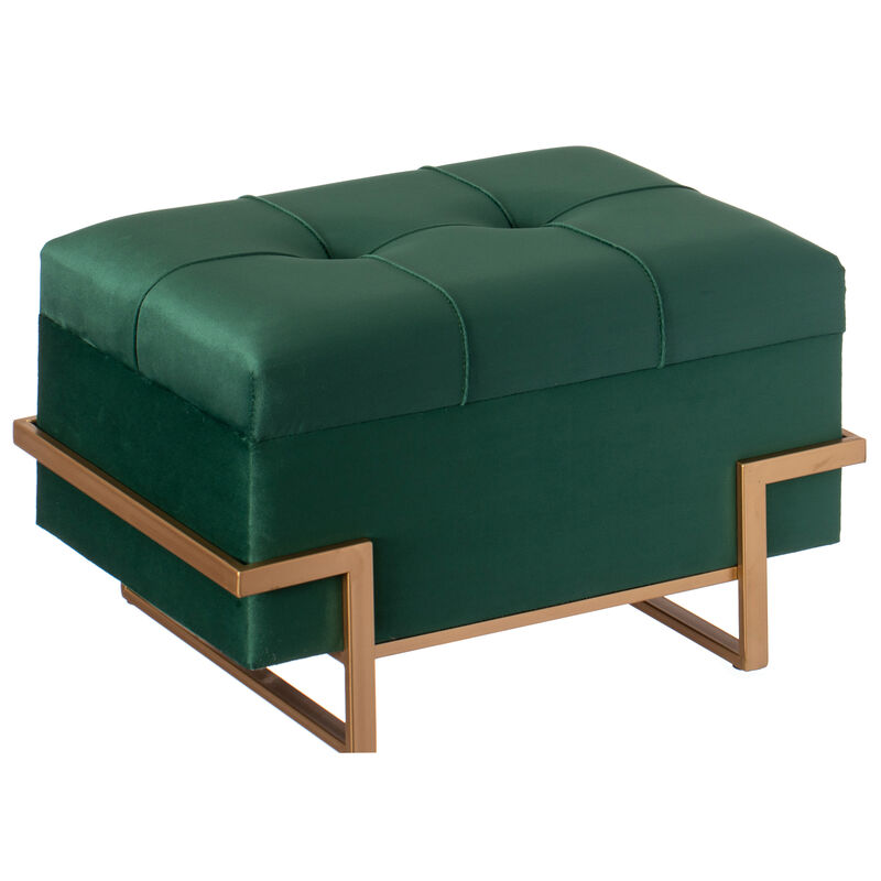Rectangle Velvet Storage Ottoman Stool Box with Abstract Golden Legs | Decorative Sitting Bench for Living Room Home Decor with Unique Base Support (Green Small)