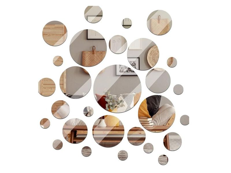 28-Piece Round Mirror Tile Set &ndash; Frameless Glass Wall D&eacute;cor with Adhesive