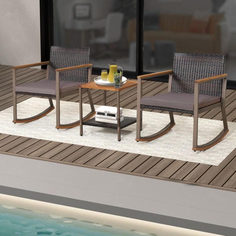 Hivvago 3 Pieces Rattan Rocking Bistro Set with Coffee Table and Cushions
