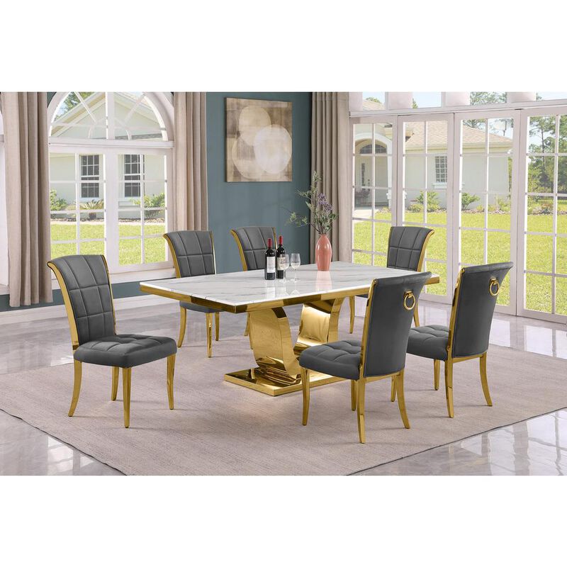 7pc Large(76") marble top dining set with gold base and 6 Dark grey side chairs