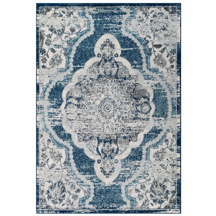 Modway Entourage Malia Distressed Vintage Floral Persian Medallion Area Rug, 8x10, Ivory and Blue