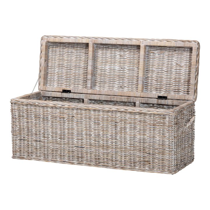 bali & pari Clarette Whitewashed Rattan Storage Bench - Handwoven Wicker Storage Trunk with Lift-Top Lid, Boho Coastal Seating for Living Room, Bedroom, or Entryway