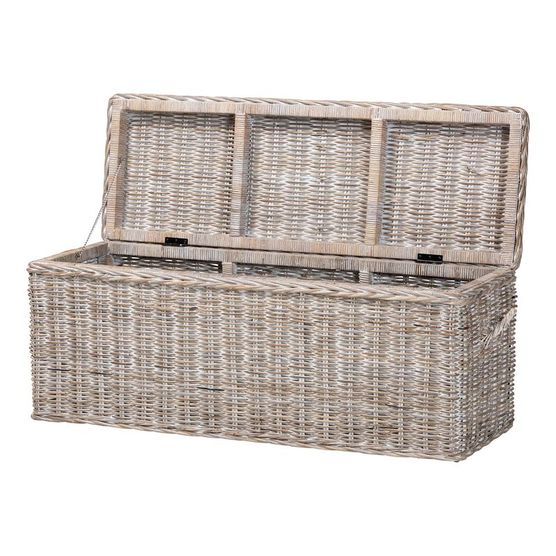 bali & pari Clarette Whitewashed Rattan Storage Bench - Handwoven Wicker Storage Trunk with Lift-Top Lid, Boho Coastal Seating for Living Room, Bedroom, or Entryway image number 1