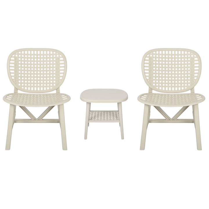 3 Pieces Hollow Design Retro Patio Table Chair Set All Weather Conversation Bistro Set Outdoor Table with Open Shelf and Lounge Chairs with Widened Seat for Balcony Garden Yard White