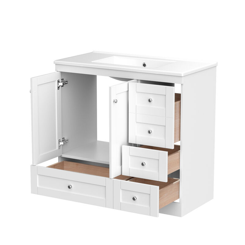 Whisen Shaker Style Free-Standing Bathroom Vanity Cabinet with Ceramic Sink, 4 Soft-close Drawers and 2 Soft-close doors