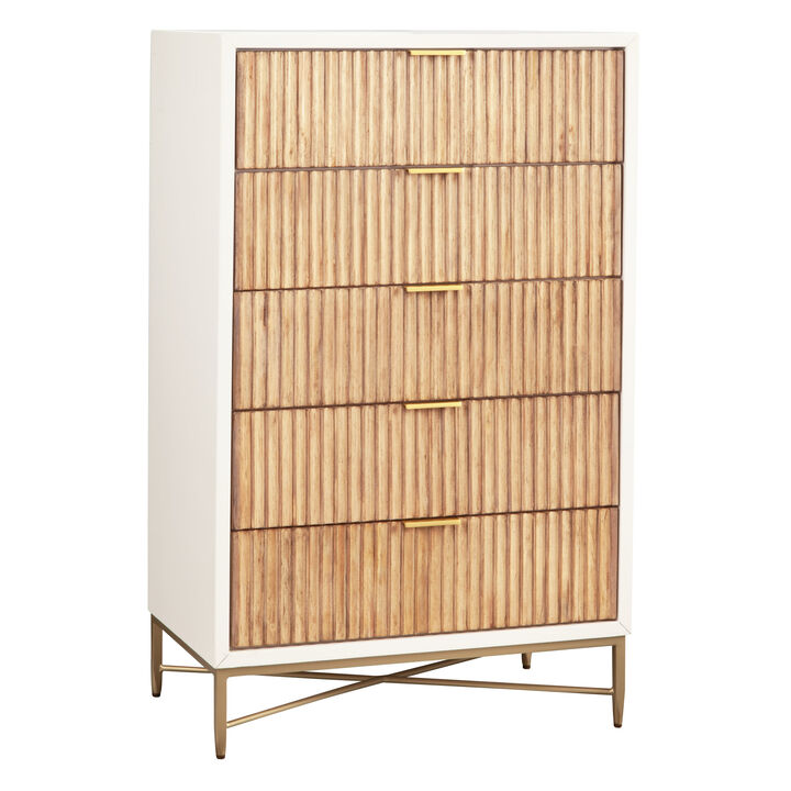 Chest with 5 Corrugated Panel Drawers and Metal Base, White-Benzara