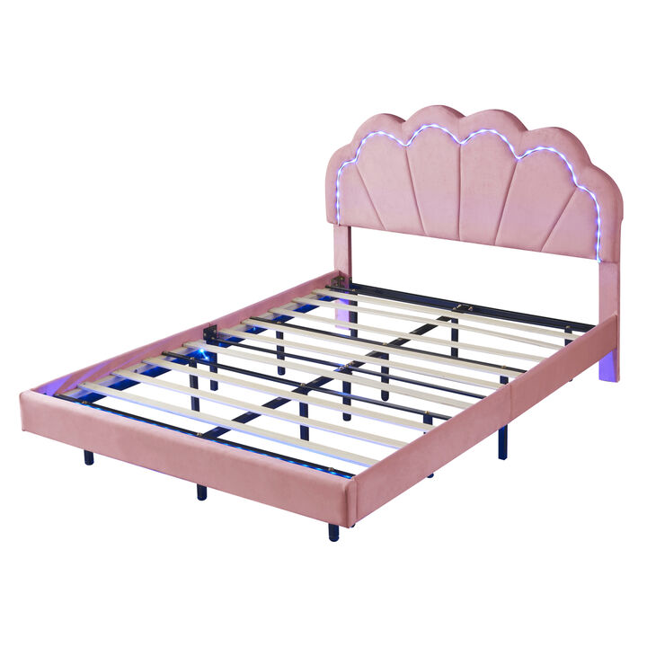 Full Upholstered Smart LED Bed Frame with Elegant Flowers Headboard, Floating Velvet Platform LED Bed with Wooden Slats Support, Pink