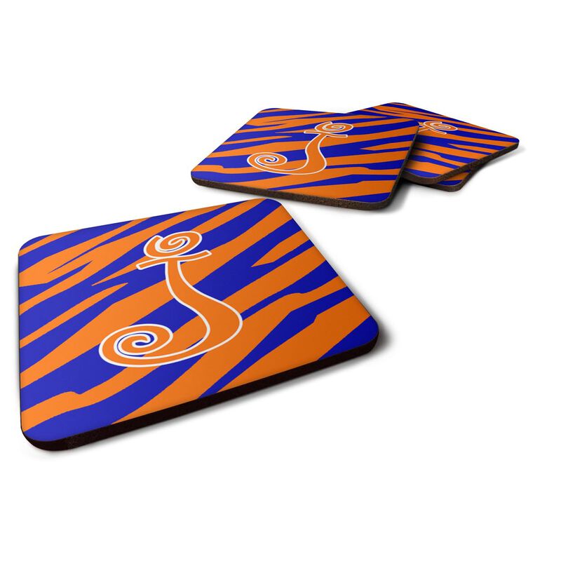 Caroline's Treasures CJ1036-JFC Monogram-Tiger Stripe Blue and Orange Foam Coasters (Set of 4), Initial Letter J, 3.5 H x 3.5 W, Multicolor