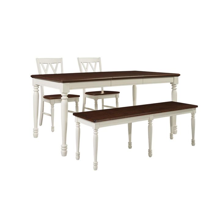 Shelby 4 Piece Dining Set Distressed White - Table, Bench, & 2 Chairs