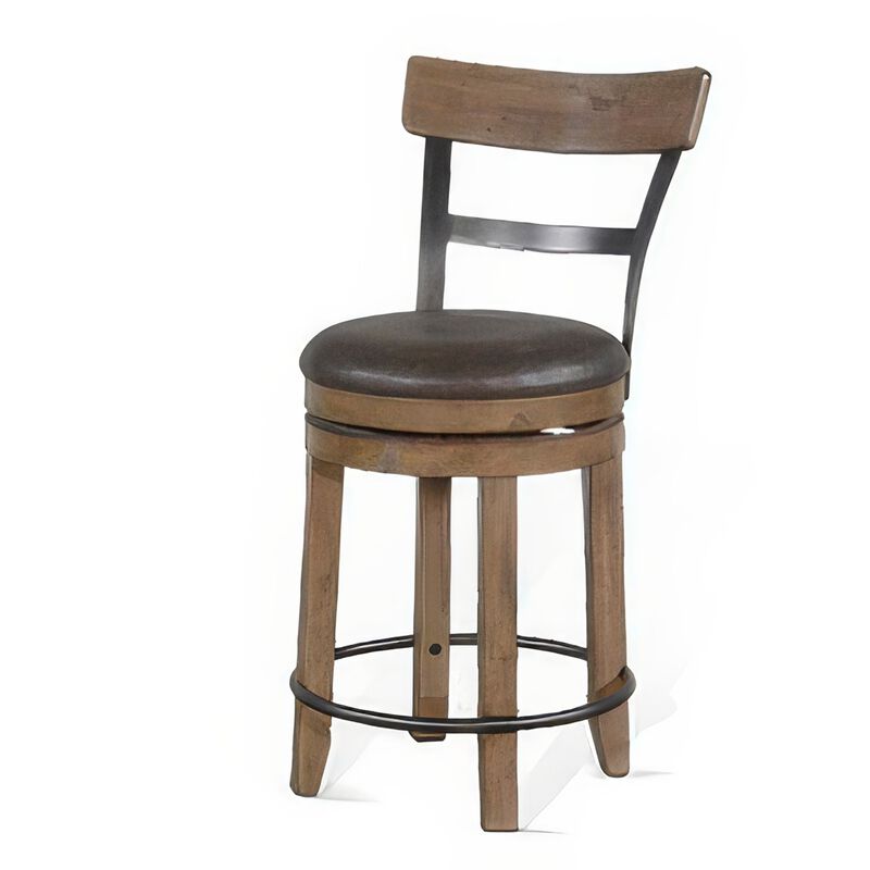 Yael Swivel Counter Stool Chair Set of 2, Gray Faux Leather Brown Wood - Benzara