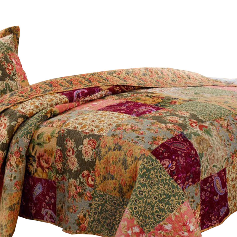 Kamet 2 Piece Fabric Twin Size Quilt Set with Floral Prints, Multicolor - Benzara