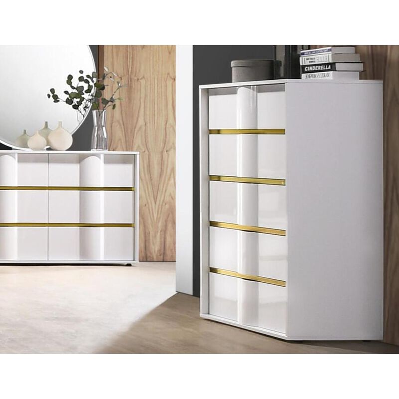 Best Master Furniture Best Master Havana 5-Drawer Poplar Wood Bedroom Chest in White/Gold Trim