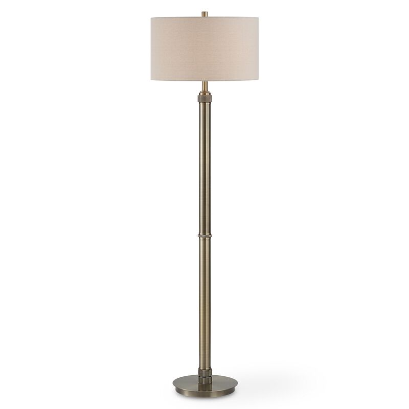Modern Floor Lamp, White Linen Drum Shade, Brass Metal Pole, Round Base - Benzara