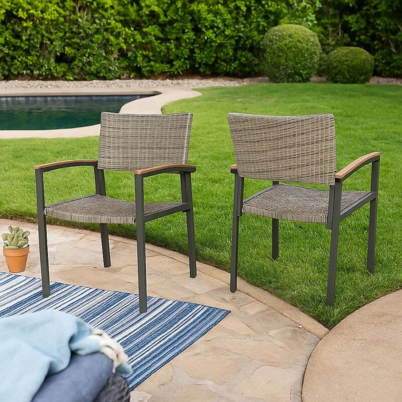 Outdoor Dining Chair Set of 2, Mesh Seat, Gray Rattan and Brown Faux Wood image number 1