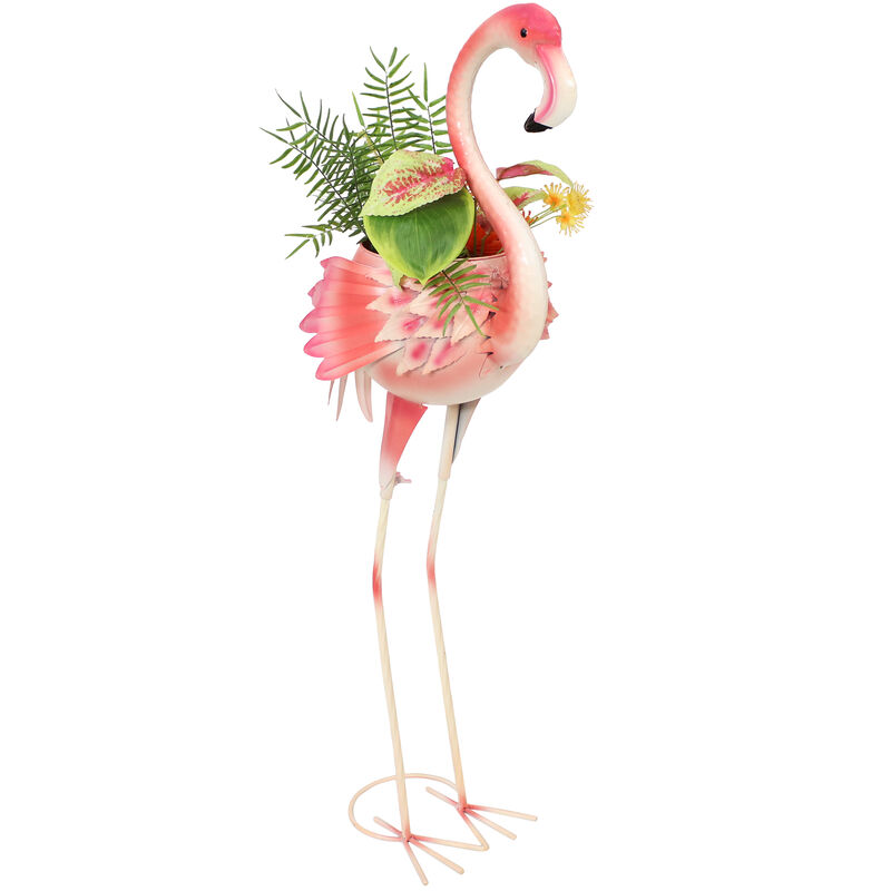 Sunnydaze Iron Sheet Pink Flamingo Outdoor Statue with Flowerpot
