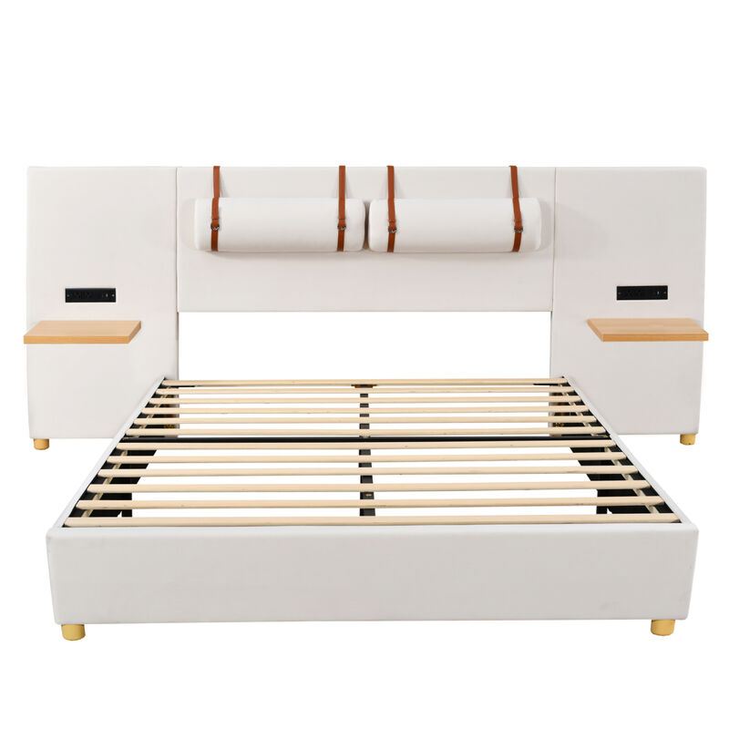 Merax Velvet Platform Bed  with Built-in Pillows