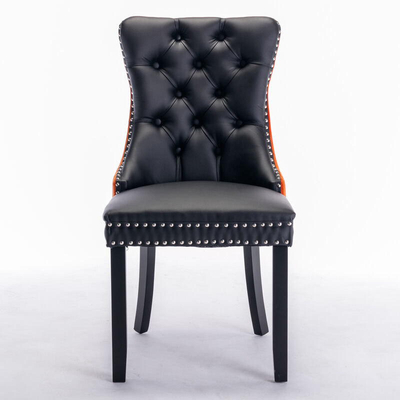 Modern, High-end Tufted Solid Wood Contemporary PU and Velvet Upholstered Dining Chair with Wood Legs Nailhead Trim 2-Pcs Set, Black+Orange