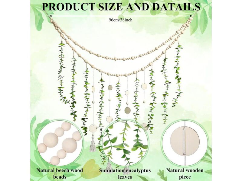 Boho Eucalyptus Wall Hanging Wooden Bead Garland Decor for Bedroom Home image number 2