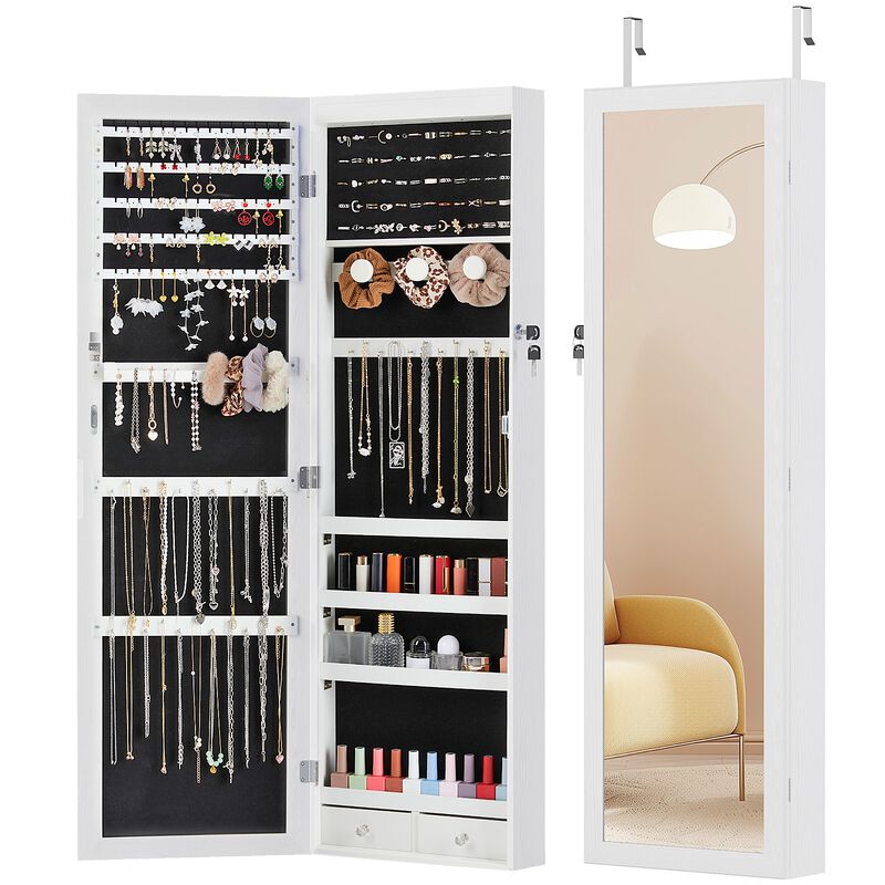 Lockable MDF Jewelry Cabinet 47"x11", Mirror Armoire with LED Lights and 6 Drawers, White