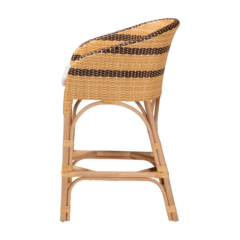 bali & pari Elma Rattan Counter Stool with Cushion - Barrel-Back Counter Chair with Synthetic Woven and Natural Rattan Frame, Boho Coastal Style Seating for Kitchen or Lounge