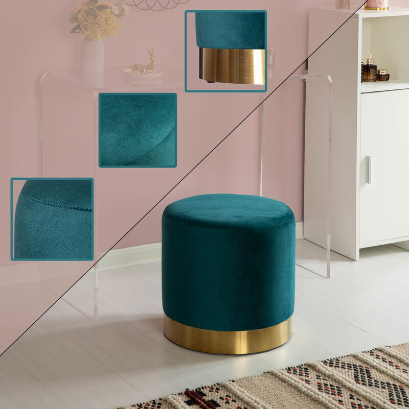 Modern Round Velvet Fabric Standard Ottoman Stool with Gold Base, Dark Green