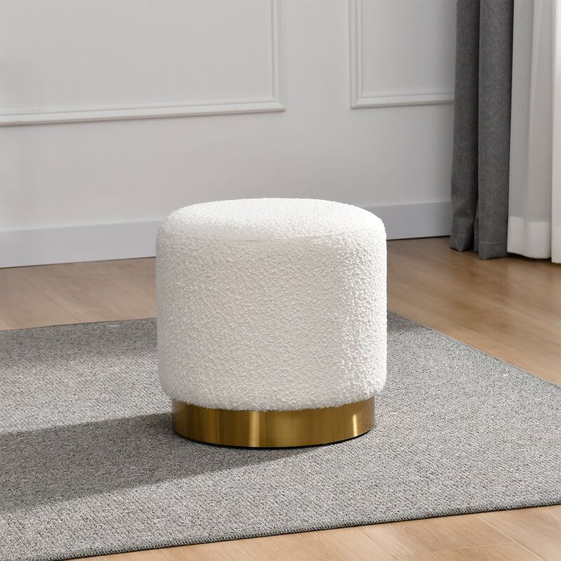 Glamour Home White Boucle Fabric Round Footstool Ottoman Golden Accent Base Medium Size