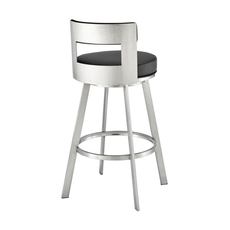 Ami 26 Inch Swivel Counter Stool Chair, Black Faux Leather, Stainless Steel - Benzara