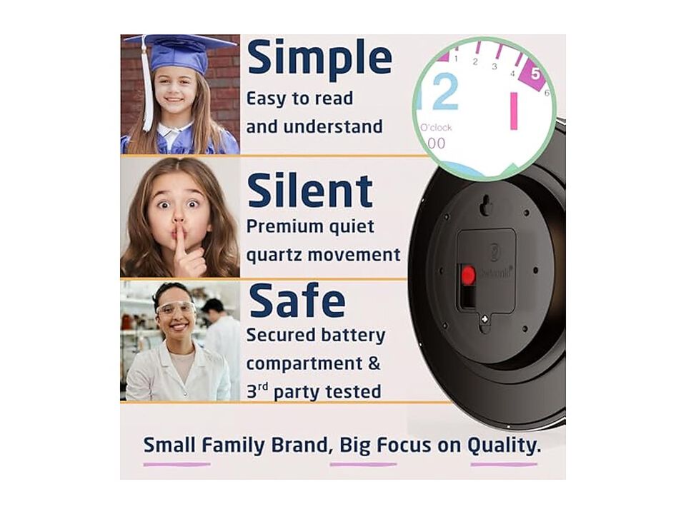 Educational Learning Teaching Homeschool Wall Clock Silent Non Ticking Pink