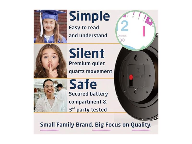 Educational Learning Teaching Homeschool Wall Clock Silent Non Ticking Pink image number 1