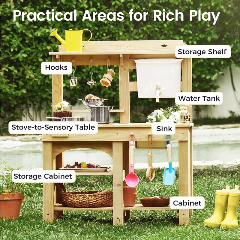 Outdoor Mud Kitchen - Wooden Water Play Kitchen, 12mm Thick Weather-Resistant Wood, 4L Water Tank & Sink, Modular Stove/Sensory Table, Large Storage image number 6